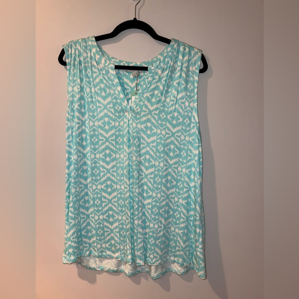 Skies Are Blue Green and White Blouse with V-Neck